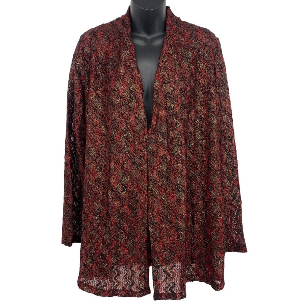 Susan Graver Womens Open Front Cardigan Jacket Medium Zigzag Red Black NWT New